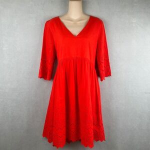 Madewell Red Eyelet Lattice Embroidered V-Neck Babydoll Dress Bright Poppy Wmn 6